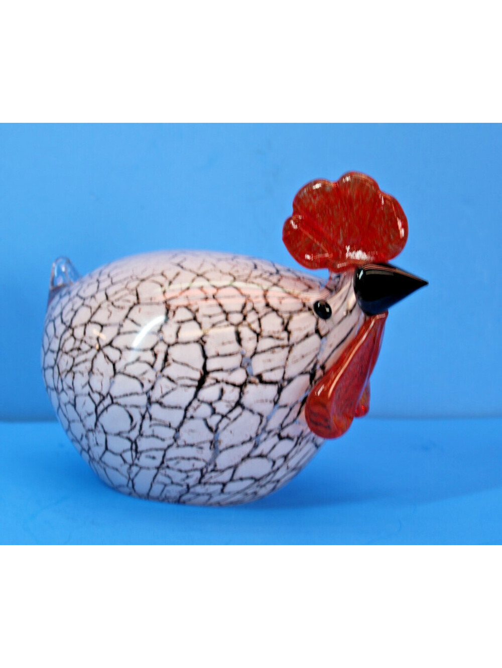 Vtg Hand Blown Glass Rooster Chicken Figurine 7x6" Black/White Crackle Body Farm
